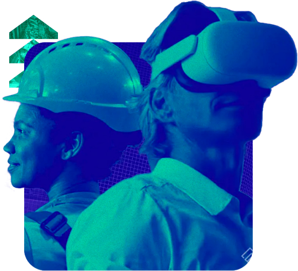 Duas pessoas de costas, um engenheiro e uma pessoa usando um óculos de realidade virtual